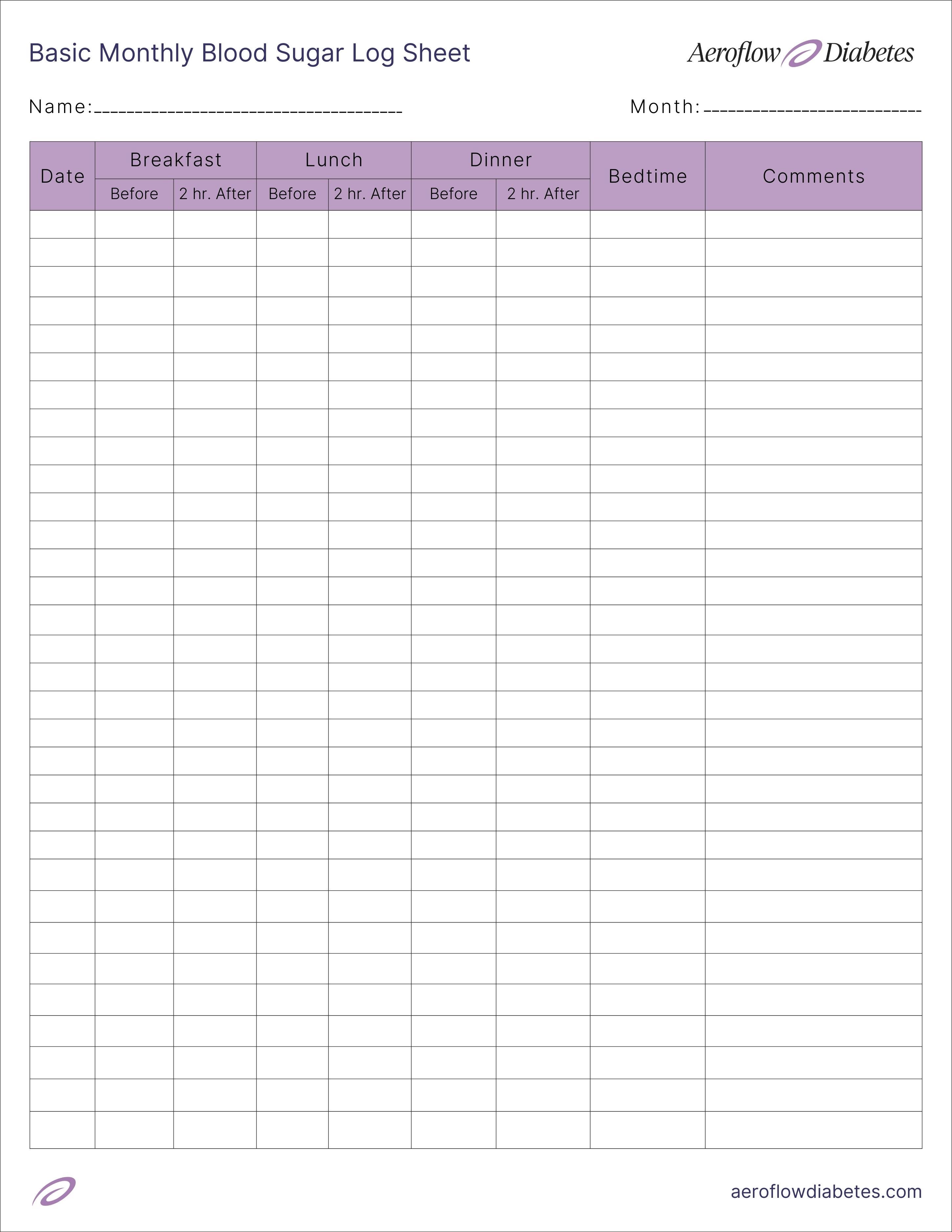 Aeroflow Diabetes monthly blood sugar log sheet